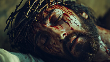 Intimate portrayal of Jesus Christ wearing a crown of thorns, with blood on his face, highlighting his sacrifice