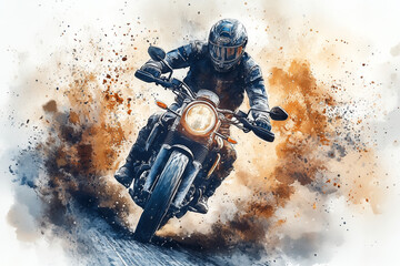 Watercolor painting of a man riding a big bike on a mountain road.