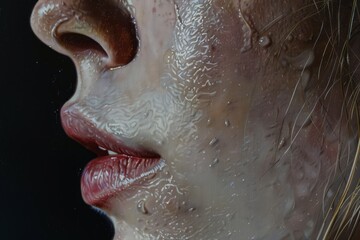 A painting depicting the face of a woman with water drops adding texture and shine, Incorporating texture and shine to depict freshly waxed skin