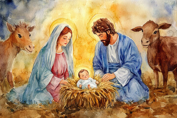 Holy family with baby jesus, ox and donkey in a nativity scene watercolor painting © Running opossum