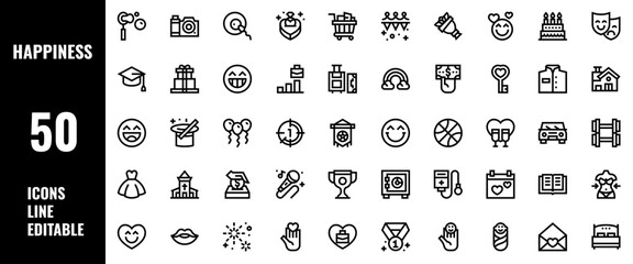 50 Happiness Icons Set Line Editable Vector Illustration