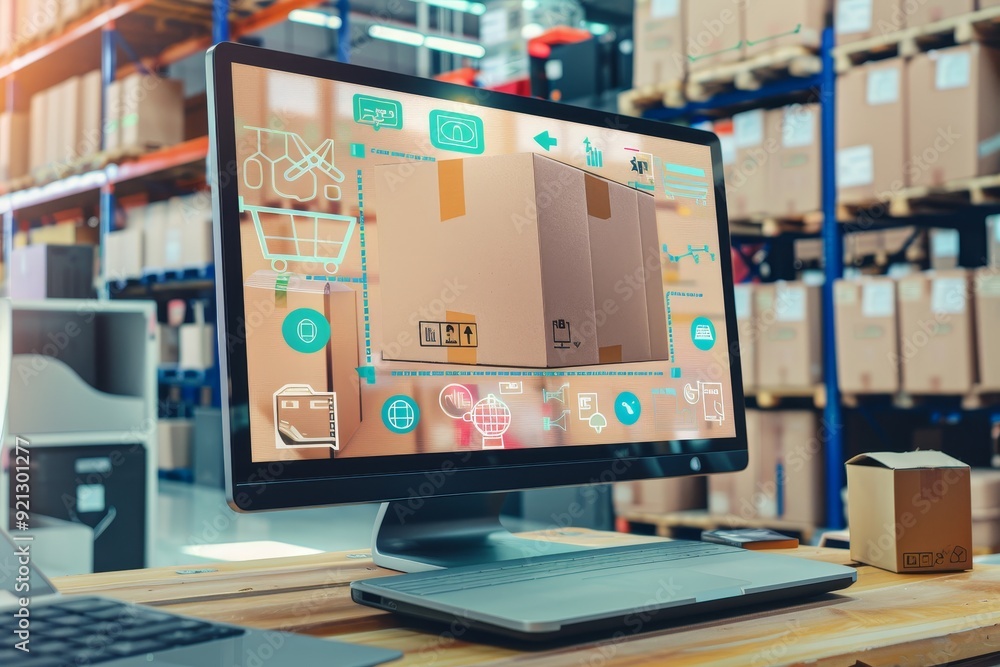 Aufkleber computer screen displaying content with a box placed on top, in a warehouse setting, incremental del