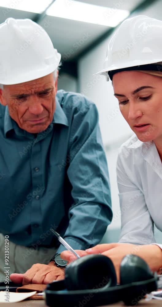 Aufkleber Explain, manager and engineer planning in factory for progress or update on mechanical engineering. Discussion, confused or teamwork in warehouse for mature mentor or writing instructions information