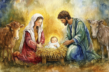 Watercolor painting of the holy family kneeling by baby jesus in a manger with a donkey and an ox on christmas © Running opossum