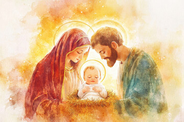 Watercolor painting of the holy family with glowing halo over their heads