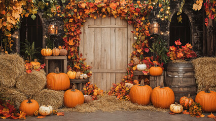 Autumn-themed photography backdrop with pumpkins, hay bales, and vibrant fall leaves