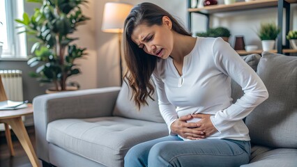 woman has stomach pain, menstruation, stomachache 