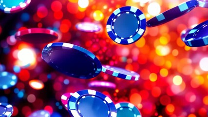 Colorful casino chips cascade amidst bright lights during a lively gaming tournament in a bustling venue.