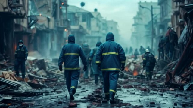Rescue team navigates rubble in devastated city after disaster