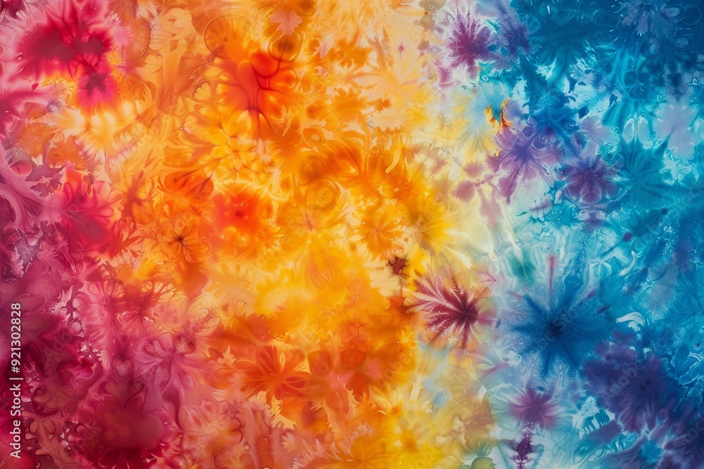 Poster close-up view of a dynamic tie dye painting with a burst of vibrant colors creating a lively and ene