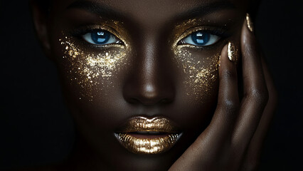 Close-up portrait of a black woman with blue eyes, adorned with gold and silver face paint