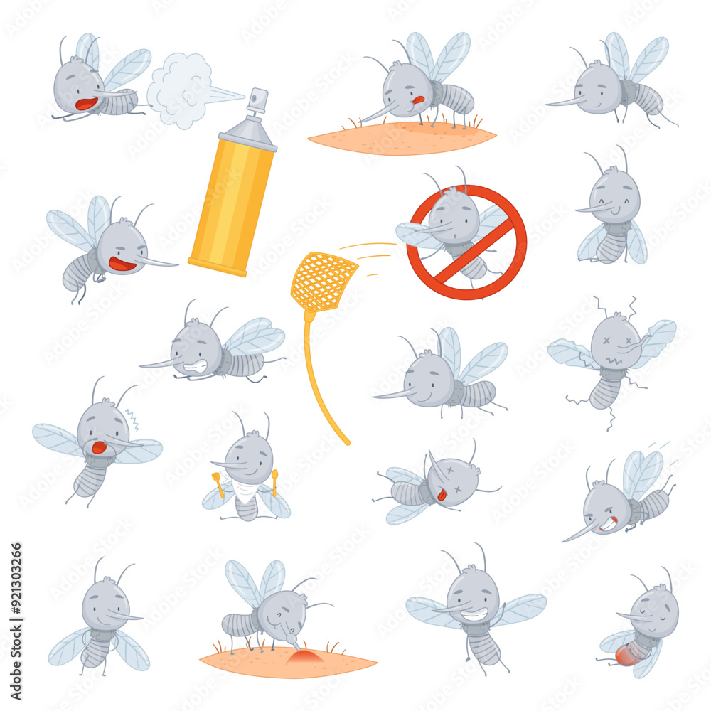 Poster funny mosquito character with long peaky nose vector set