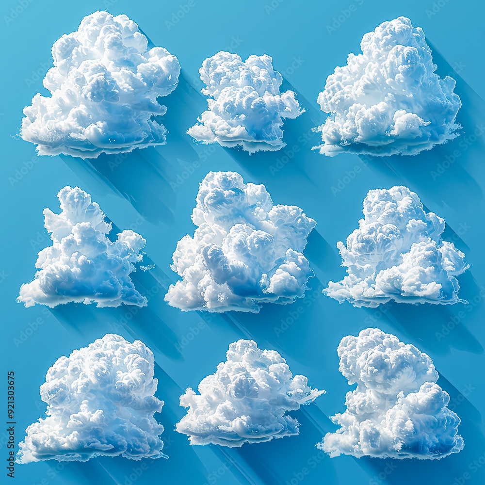 Poster a series of clouds in various sizes and shapes are scattered across a blue sky. the clouds are fluff