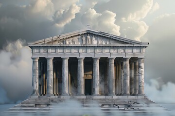 Obraz premium A temple with columns standing tall in the midst of a cloudy sky, Infuse motion and dynamism into a static representation of a typical Greek temple