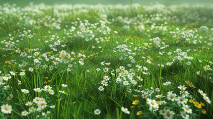 Fototapeta premium Field of green grass and blooming daisies and dandelions, a lawn in spring