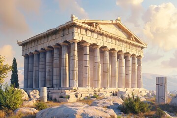 Obraz premium A Greek temple stands in a rugged terrain surrounded by rocks, Infuse motion and dynamism into a static representation of a typical Greek temple