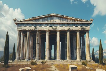 Obraz premium An ancient Greek temple stands prominently in the middle of a vast field under the open sky, Infuse motion and dynamism into a static representation of a typical Greek temple