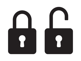 Padlock icon, security icon. Black locked unlocked padlock icon.