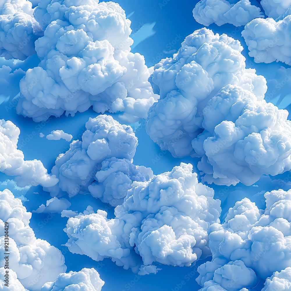 Poster a series of clouds in various sizes and shapes are scattered across a blue sky. the clouds are fluff