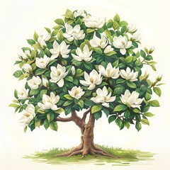 Fototapeta premium A lush magnolia tree with white flowers, green leaves, and brown branches against a white background.