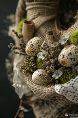 Fototapeta premium Easter wreath made of burlap and lace, decorated with small eggs, wooden fence elements, and bird-shaped decorations. It also has green moss flowers and the text 