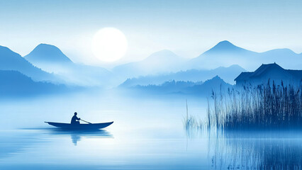 Chinese ink painting style image of a solitary fisherman rowing a boat at dawn on a misty lake