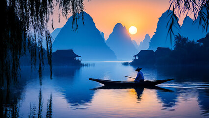 Chinese ink painting style image of a solitary fisherman rowing a boat at dawn on a misty lake