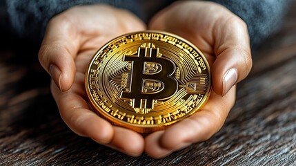 Person holding a shiny Bitcoin on a wooden tabletop during the day
