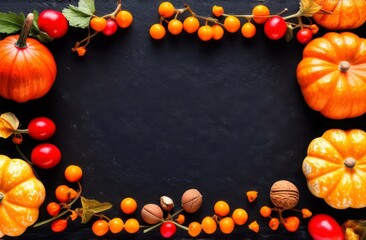 Frame of autumn leaves, decorative pumpkins, nuts, sea buckthorn, rose hips and ears of wheat on a black background. Top view. Place for text