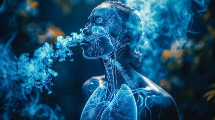 A man's head is shown with smoke coming out of his mouth. The image has a futuristic and surreal feel to it, with the smoke and the man's body appearing to be made of technology