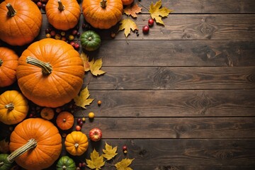 Thanksgiving pumpkins with fruits and falling leaves on rustic wooden table