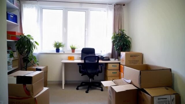 An office space filled with unpacked boxes and plants, suggesting relocation and an organized workspace for productivity.
