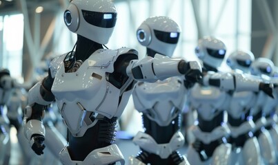 Fototapeta premium Advanced AI robots performing synchronized movements in a tech expo