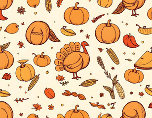 thanksgiving design with a turkey and corn with pumpkins and autumn decorations on the background