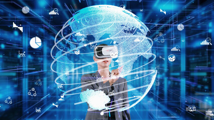 Businesswoman selecting big data dynamic market rotating world analysis monitor by VR future global innovation interface digital infographic network technology visual hologram animation. Contraption.