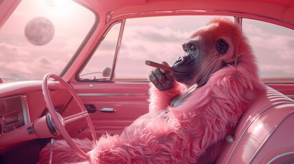 A whimsical and vibrant scene featuring a pink-furred gorilla in a vintage car, exuding a fun, surreal vibe perfect for playful marketing campaigns or creative projects.