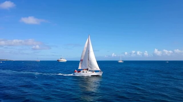 A serene scene captures a sailboat navigating the open ocean under a clear blue sky, evoking feelings of adventure and tranquility.