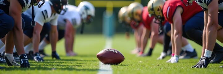 Intense football showdown featuring players in a ready stance, showcasing athleticism and competition. Perfect for sports marketing, events, and team promotions.