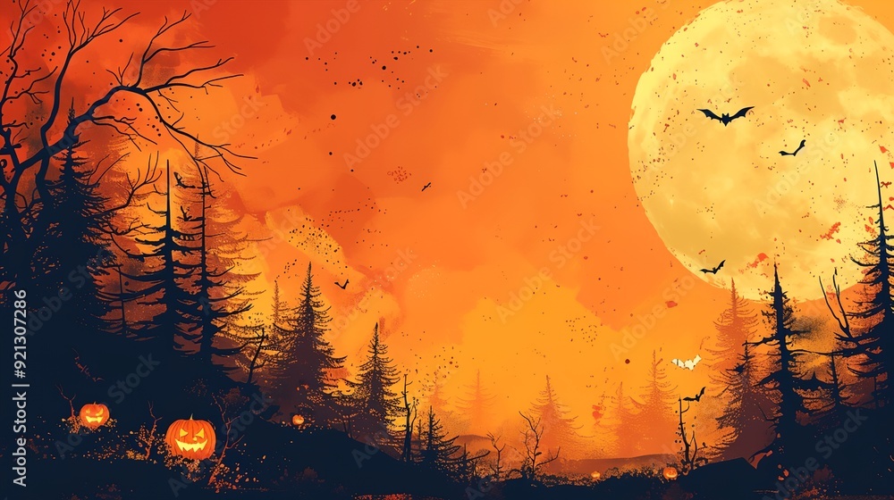 Canvas Prints a painting of a full moon with bats flying over a forest with pumpkins in the foreground