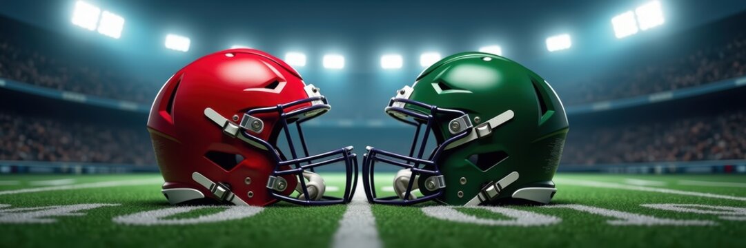 Red and green American football helmets opposite each other. Symbolize competition and sportsmanship, perfect for promoting events, teams, or athletic merchandise.