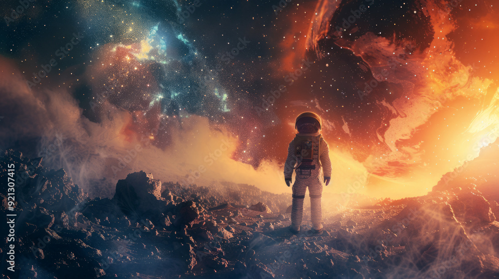 Poster dramatic sci-fi image with astronaut exploring the unknown. pioneering technology concept.