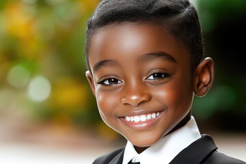 A joyful boy in formal attire smiles brightly in a vibrant outdoor setting on a sunny day