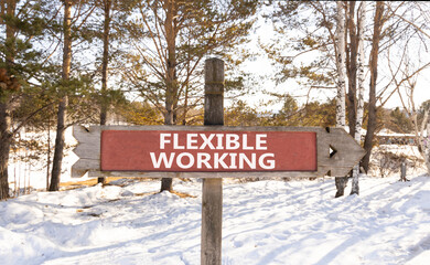 Flexible working symbol. Concept words Flexible working on beautiful wooden road sign. Beautiful winter forest snow tree background. Business flexible working concept. Copy space.