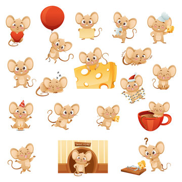 Cute Little Mouse Character Doing Various Activity Vector Set