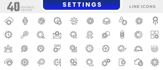 Setting and gear icon collection. Cogwheel, settings button, wrench tool, fix, Innovation and setup line icon set. UI outline icons pack