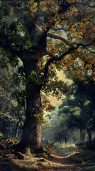 Ethereal Autumn Forest Scene with Intricate Gradient Mesh Detailing for Tranquil Ambience and Natural Beauty
