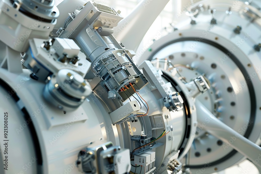 Poster close up of machine in factory, install the electrical components within the base of the turbine to 