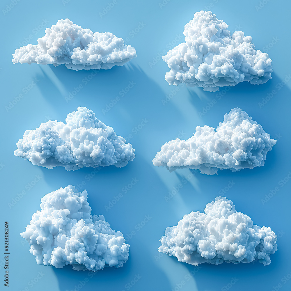 Poster a series of clouds in various sizes and shapes are scattered across a blue sky. the clouds are fluff