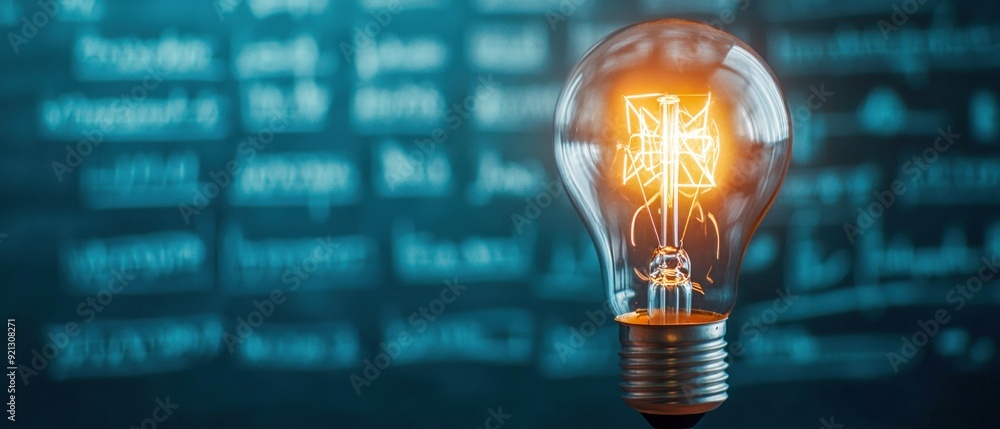 Poster illuminated light bulb with ai brain symbol in front of a blackboard