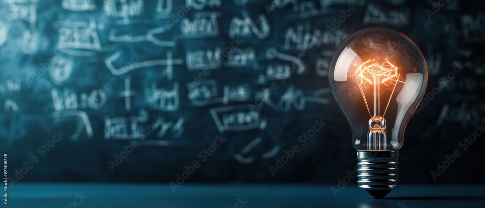 Poster illuminated light bulb with ai brain symbol in front of a blackboard